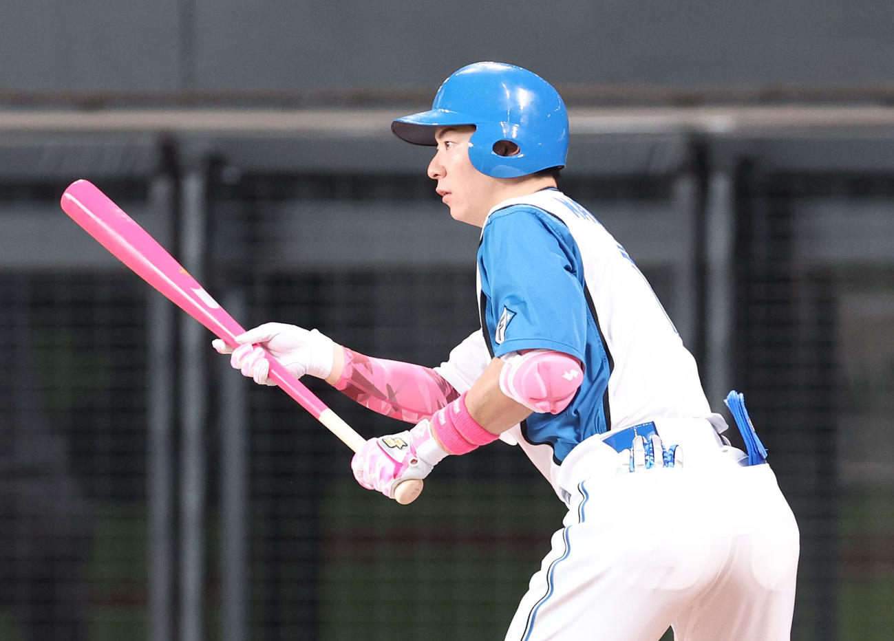 日本ハム対ロッテ　ピンク色のアームカバーをする日本ハム松本剛（撮影・佐藤翔太）