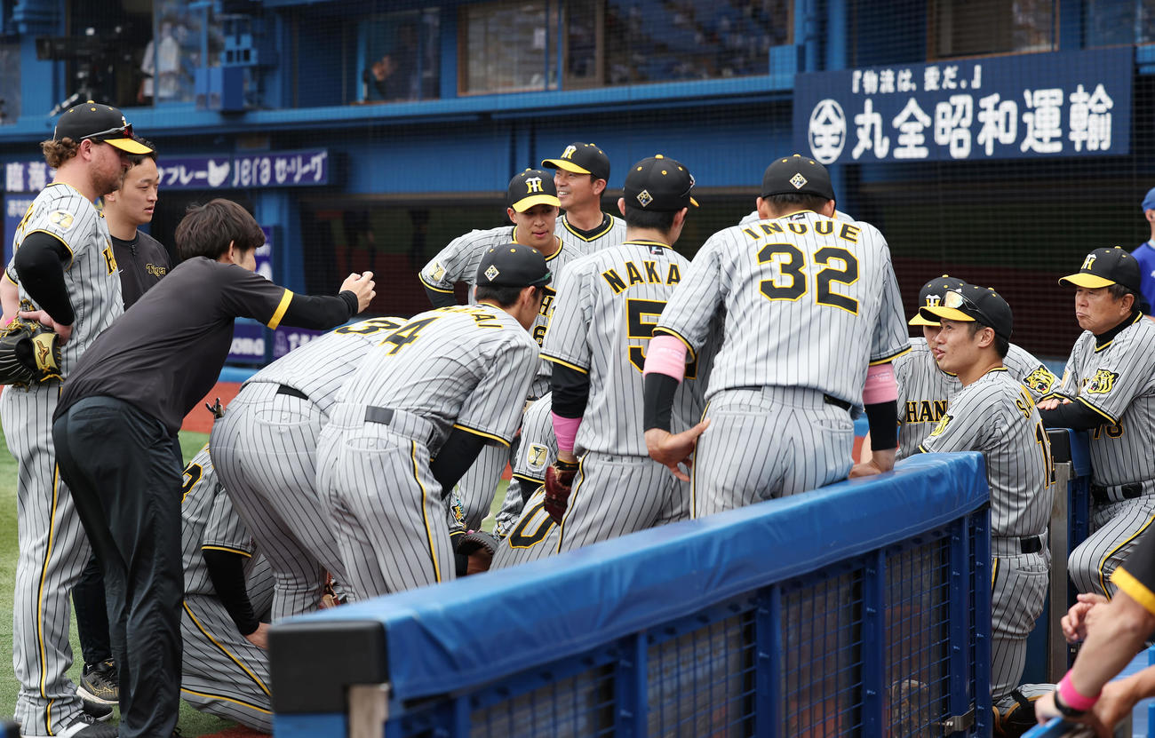 DeNA対阪神　坂本（右から2人目）の声出しのもと試合前の円陣を組む阪神ナイン（撮影・前田充）