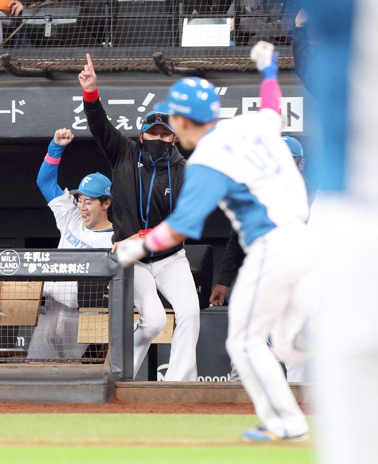 日本ハム対ロッテ　9回裏日本ハム1死満塁、水野のサヨナラ打に喜ぶ新庄監督（中央後方）（撮影・佐藤翔太）