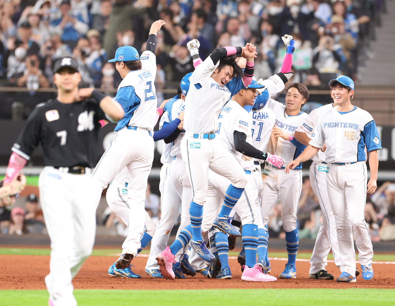 日本ハム対ロッテ　9回裏日本ハム1死満塁、サヨナラ打を放ちナインに祝福される水野（撮影・佐藤翔太）