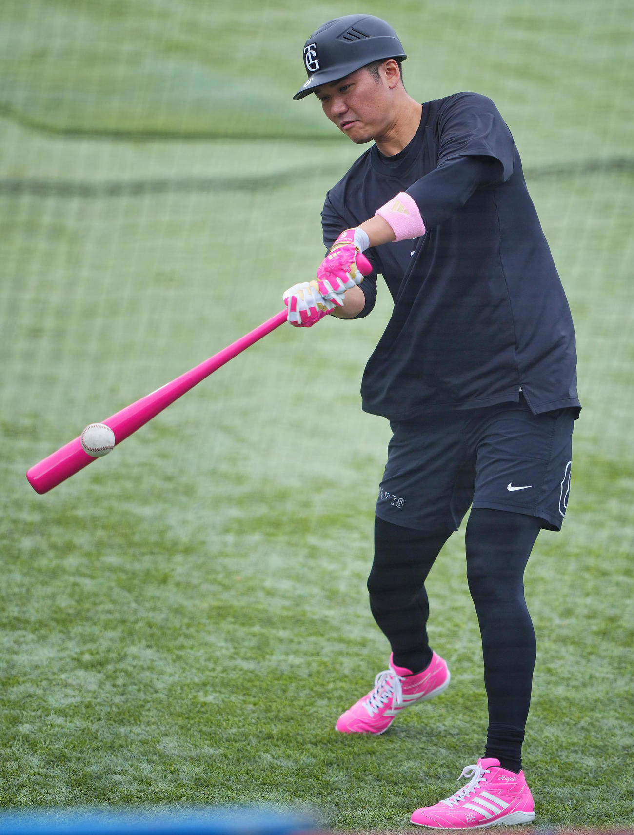 ヤクルト対巨人　ピンクのスパイク、グローブ、バットで打撃練習に臨む巨人坂本（撮影・垰建太）