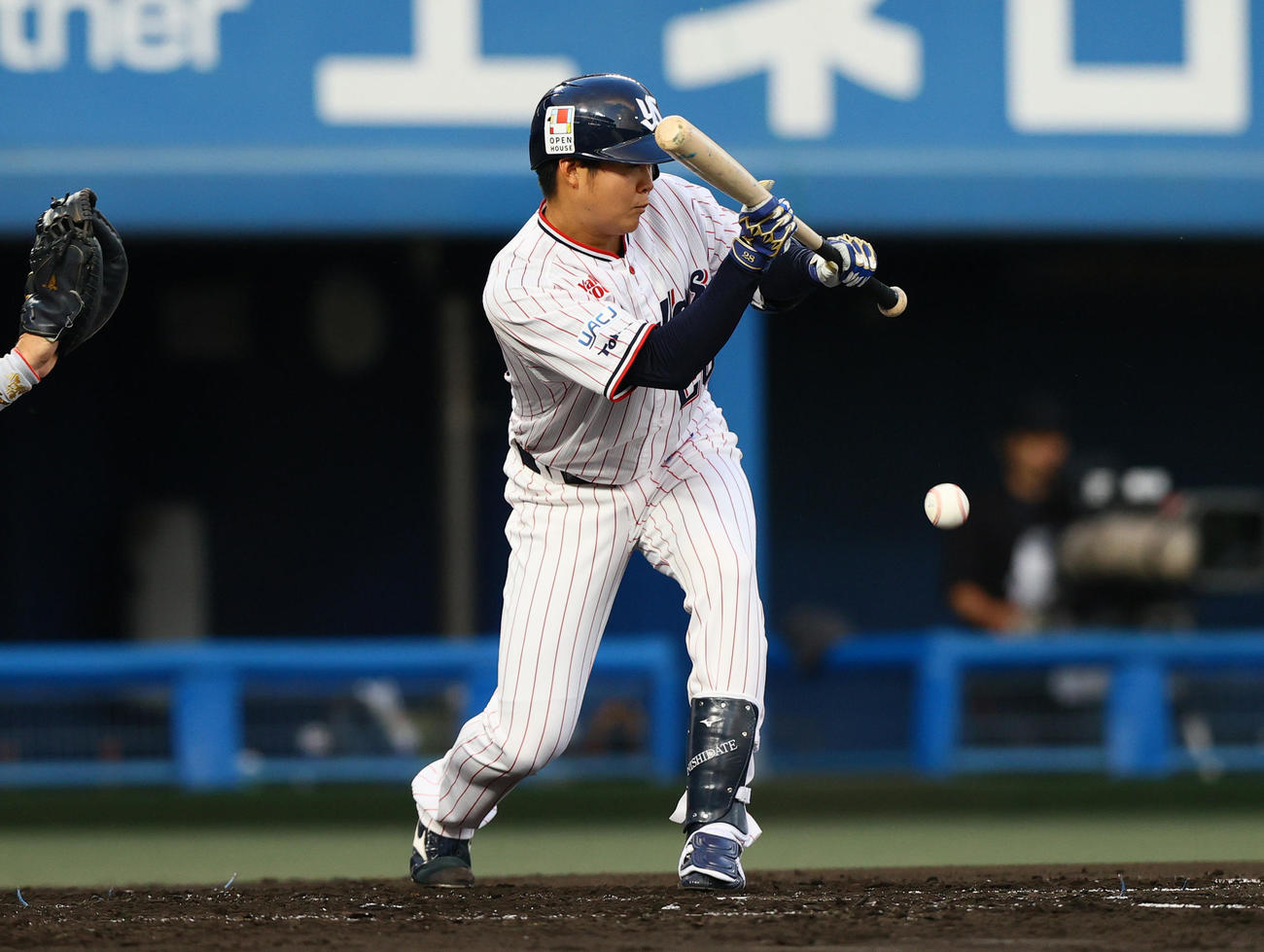 ヤクルト対広島　2回裏ヤクルト1死一、二塁、松本健は送りバントを決める（撮影・上山淳一）
