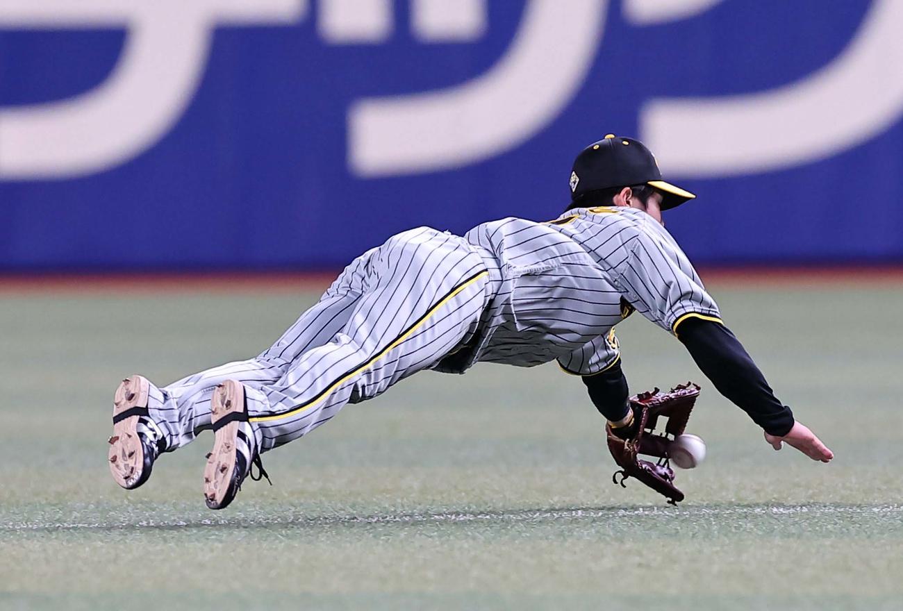 阪神対中日　3回裏中日2死一塁、中野は田中の二ゴロの打球に飛びつく（撮影・上田博志）