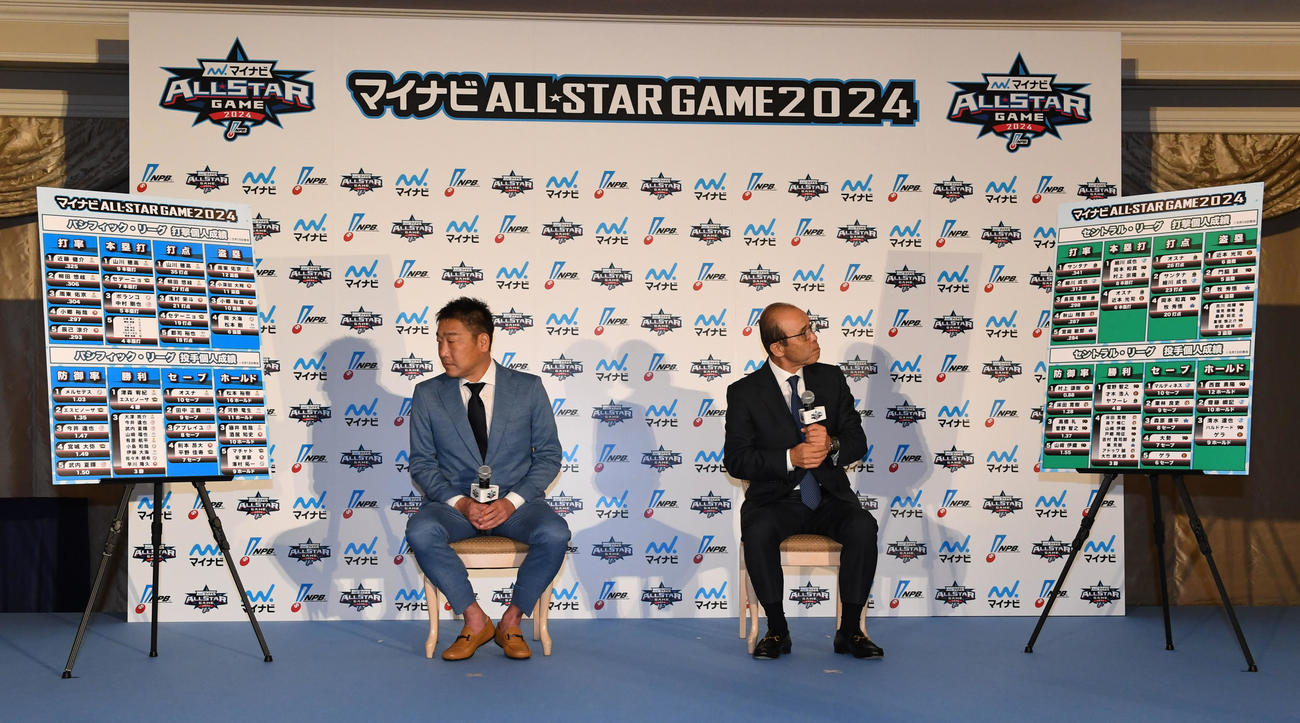 マイナビオールスターゲーム2024要項発表記者会見で両リーグの投手、打者の成績上位者のパネルを見るパリーグ中嶋監督（左）とセリーグ岡田監督（撮影・前岡正明）