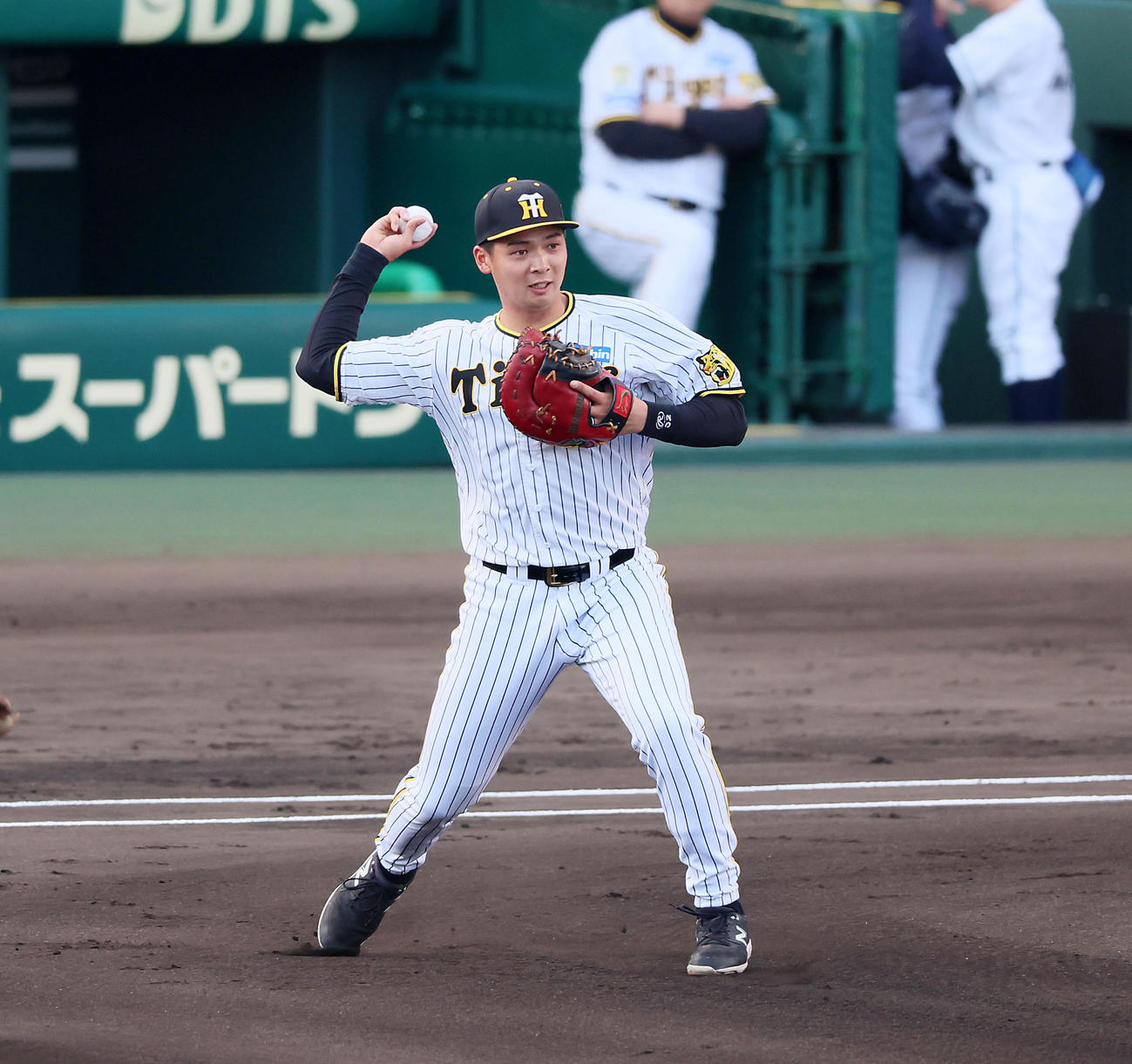 阪神対ヤクルト　シートノックで一塁も守る井上（撮影・加藤哉）