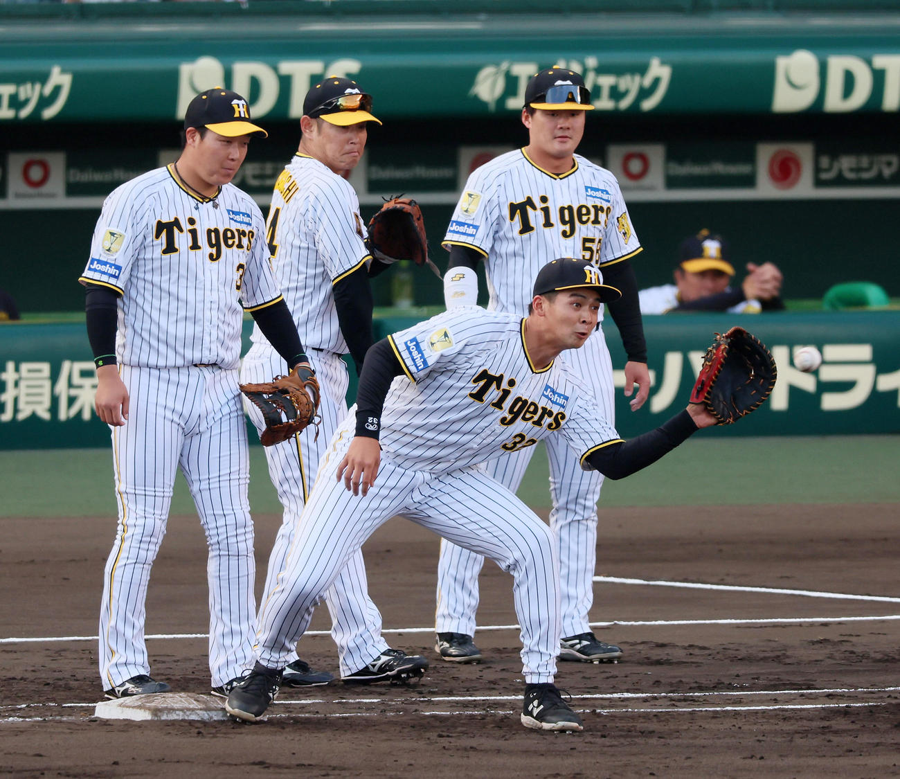 阪神対ヤクルト　シートノックで一塁も守る井上（撮影・加藤哉）