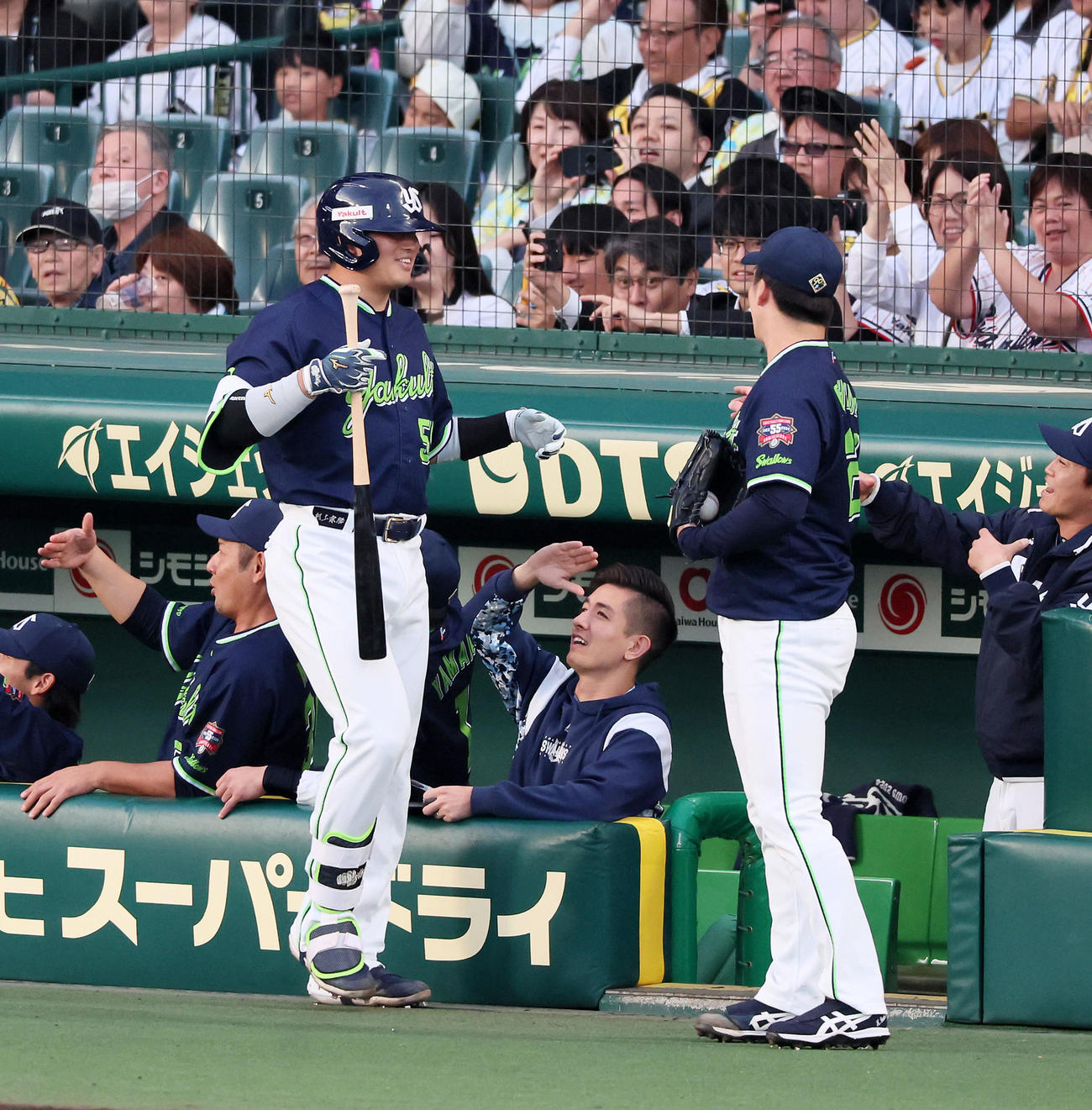 阪神対ヤクルト　3回表ヤクルト2死一、二塁、村上は右越え3点本塁打を放ちベンチ前で吉村（右）と笑顔でタッチする（撮影・加藤哉）