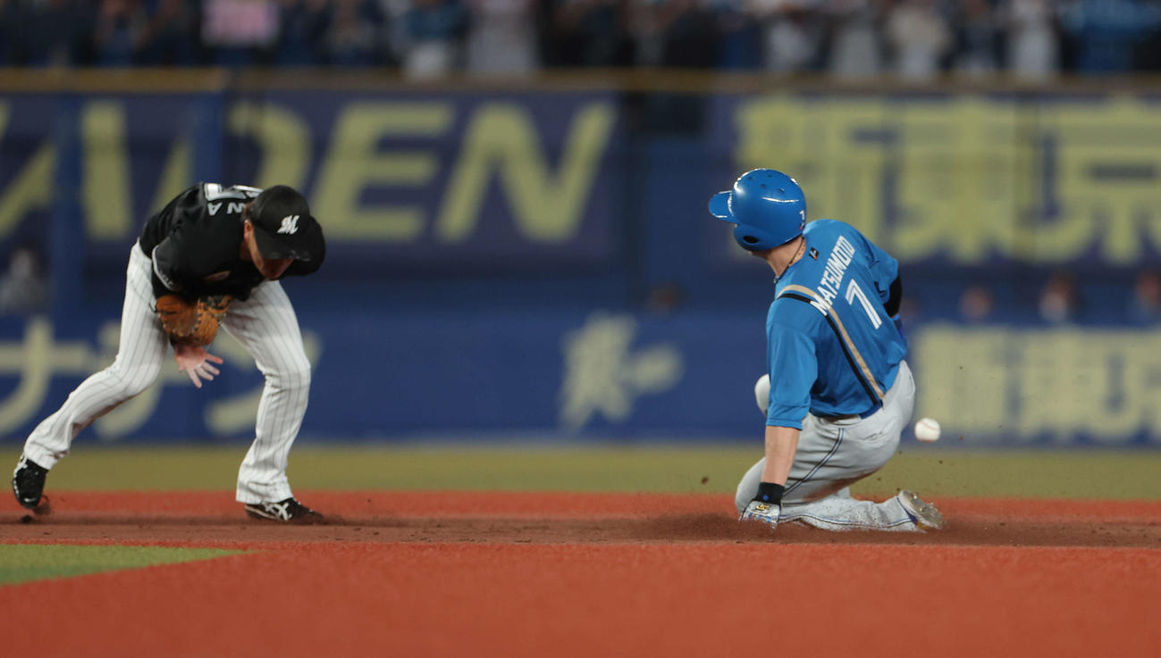 ロッテ対日本ハム　4回表日本ハム無死一塁、二盗を決める松本剛（撮影・河田真司）