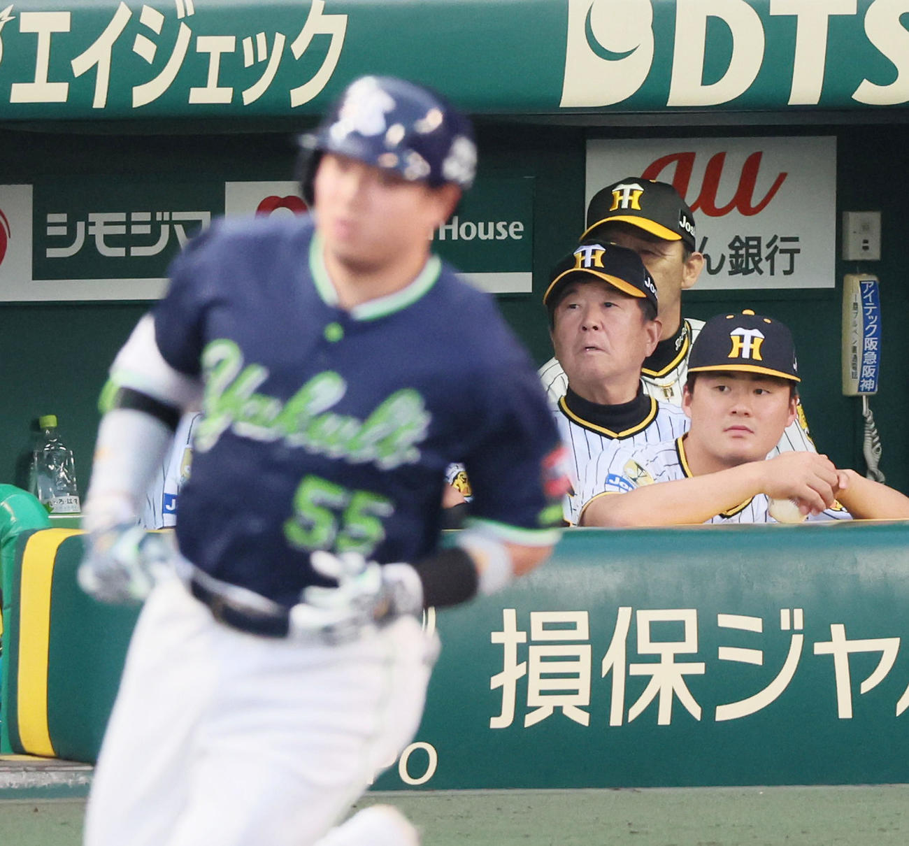 阪神対ヤクルト　3回表ヤクルト2死一、二塁、岡田監督（右奥）は村上の右越え3点本塁打を見る（撮影・加藤哉）