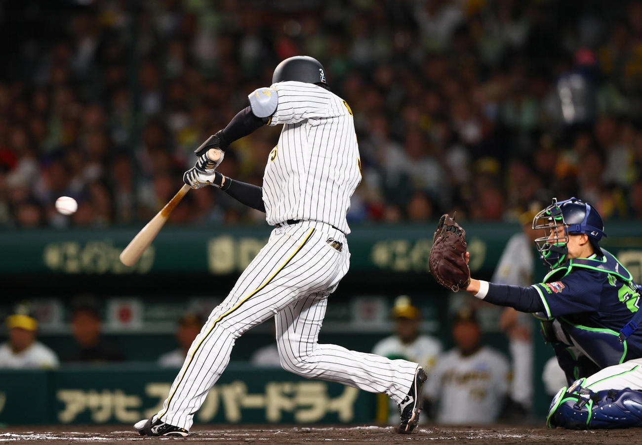 阪神対ヤクルト　6回裏阪神2死一、二塁、大山は右前適時打を放つ（撮影・上山淳一）