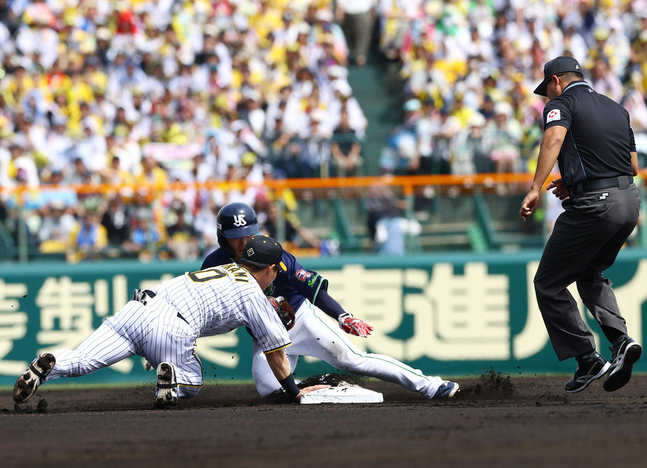 阪神対ヤクルト　1回表ヤクルト2死二塁、打者村上宗隆の時、捕手梅野のけん制でアウトとなる二走長岡。左は遊撃手木浪（撮影・上山淳一）