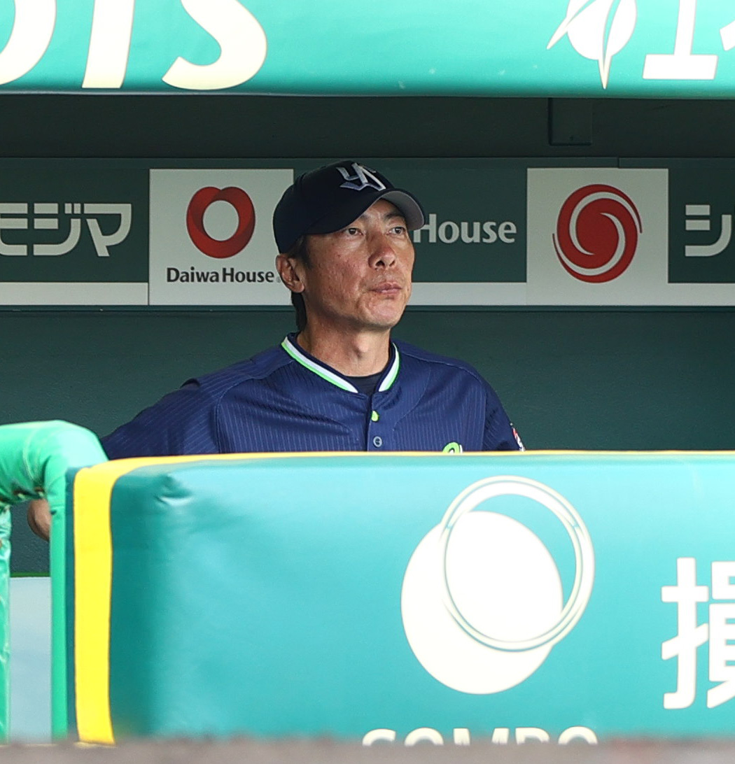 阪神対ヤクルト　8回裏、ベンチからグラウンドを見つめるヤクルト高津監督（撮影・上山淳一）
