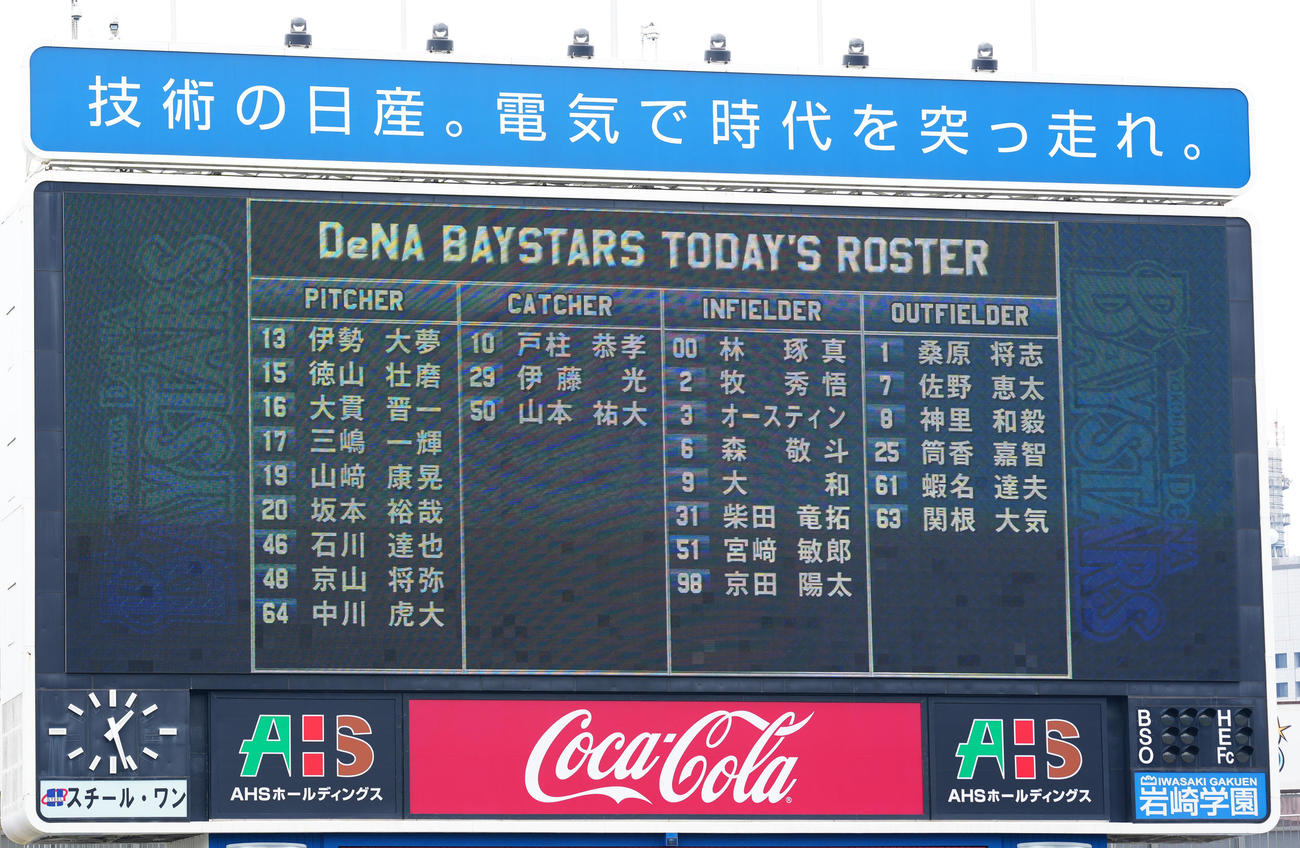 DeNA対中日　試合前、DeNAのベンチ入りメンバーを表示するビジョン（撮影・江口和貴）