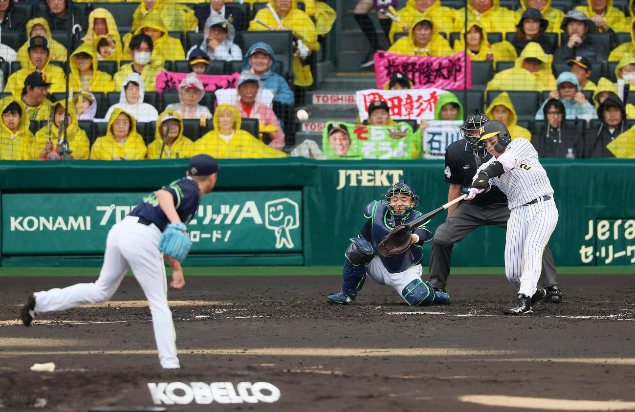 阪神対ヤクルト　2回裏阪神無死二、三塁、梅野は右犠飛を打ち上げる。投手は石川（撮影・加藤哉）