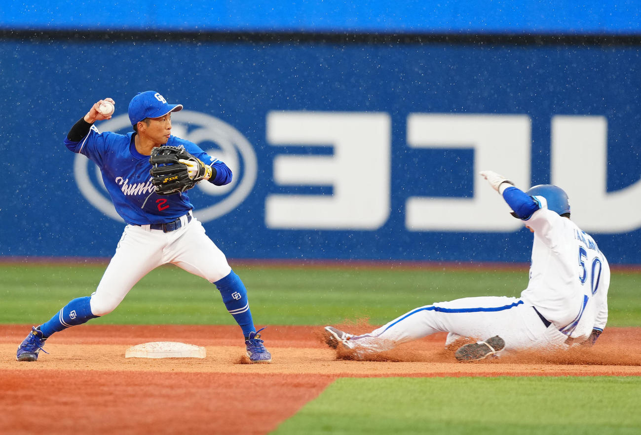 DeNA対中日　8回裏DeNA1死一、二塁、併殺となった大和の打球を処理した三塁手村松から受け、一塁へ送球する二塁手田中（左）（撮影・江口和貴）