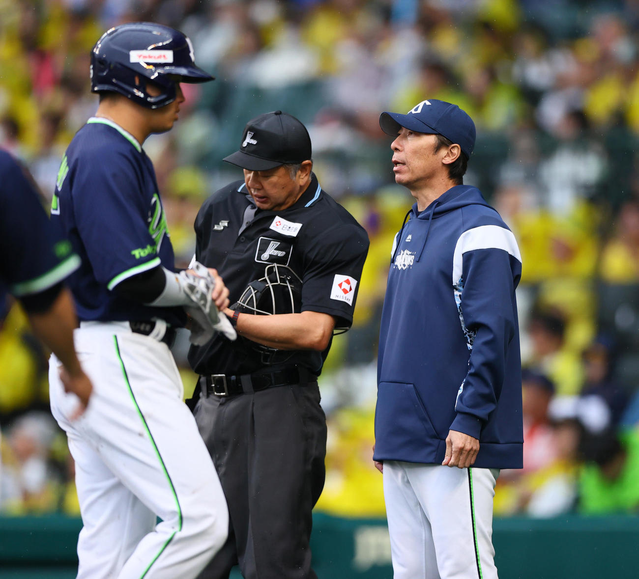 阪神対ヤクルト　8回表終了後、ヤクルト高津監督（右）は球審に選手交代を告げる（撮影・上山淳一）