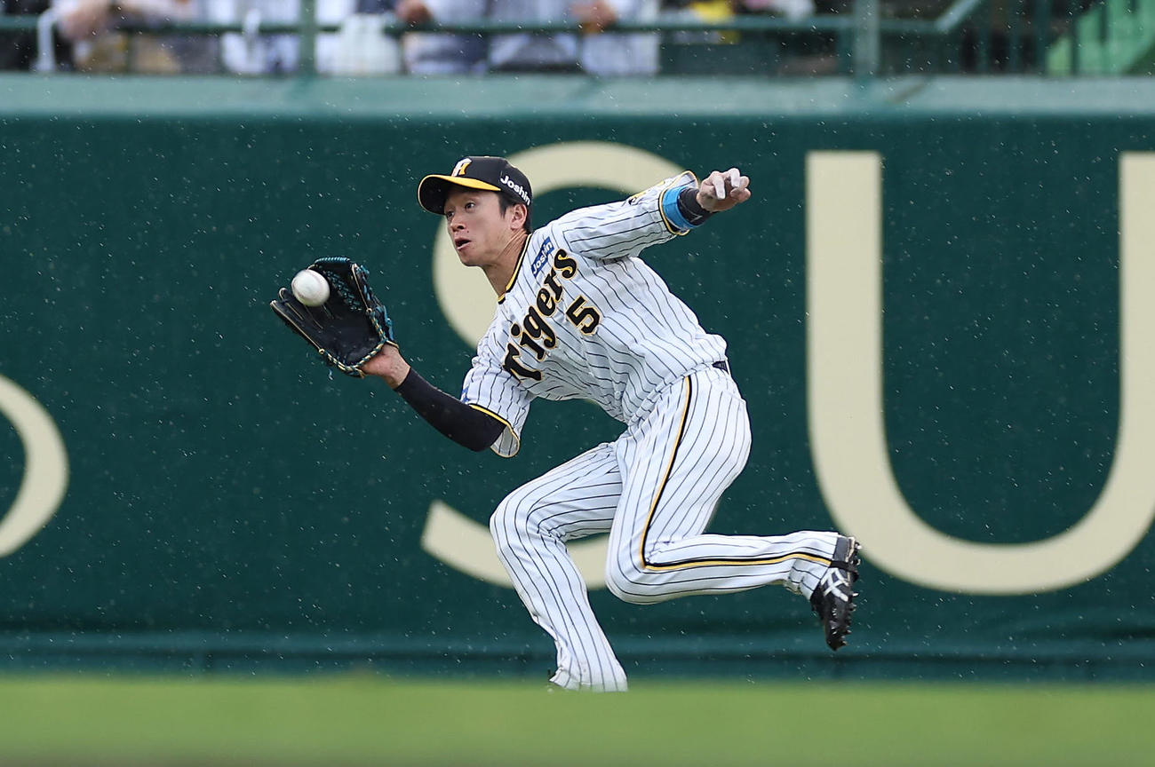 阪神対ヤクルト　8回表ヤクルト2死二塁、山田の中飛を好捕する近本（撮影・前田充）