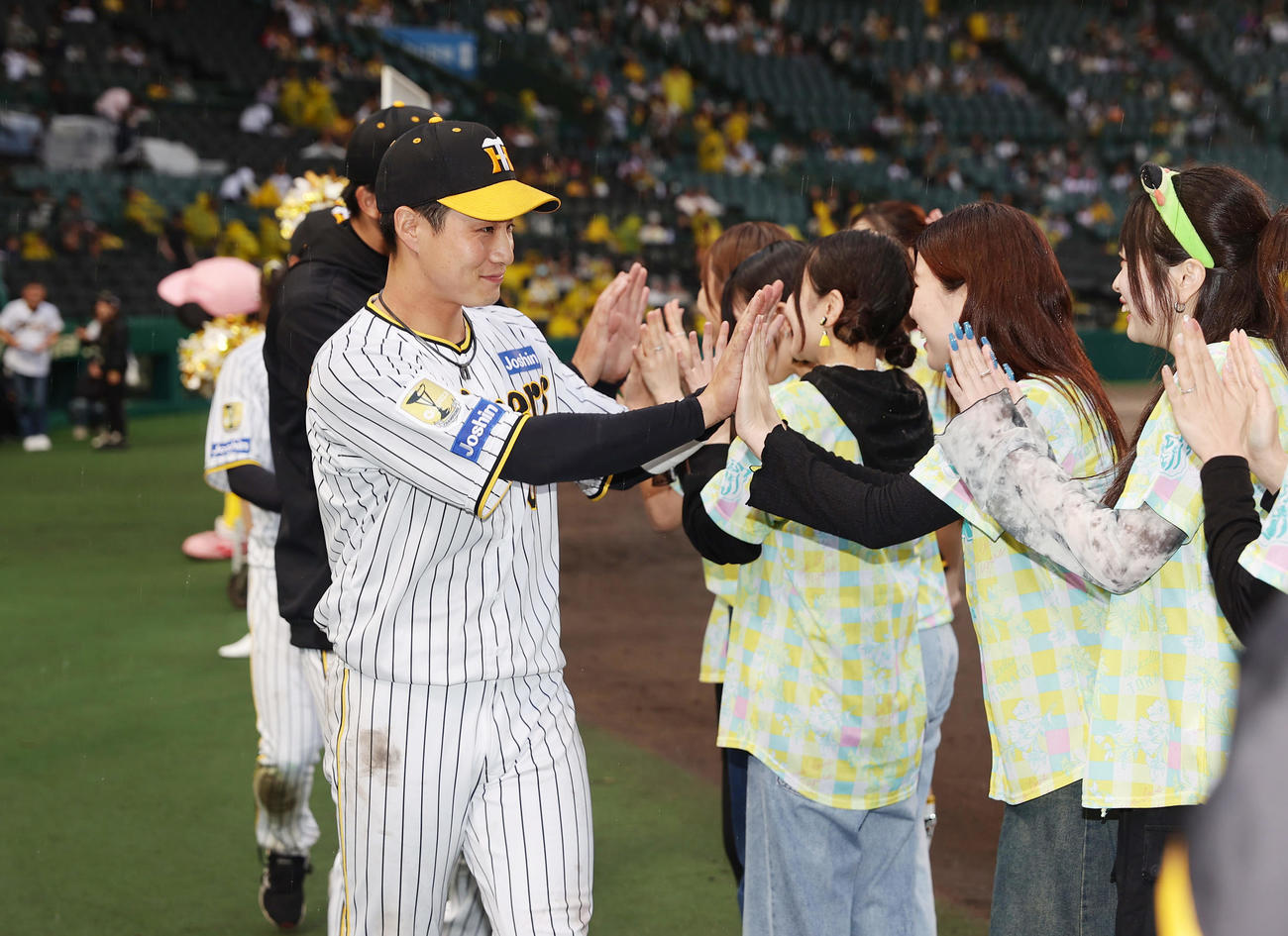 阪神対ヤクルト　ヤクルトに勝利しファンとタッチを交わす阪神木浪（左）（撮影・前田充）