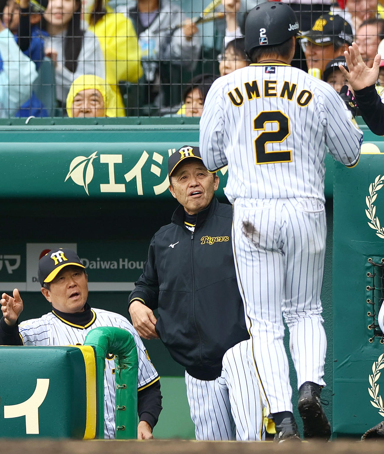 阪神対ヤクルト　4回裏阪神無死満塁、岡田監督（左から2人目）は近本の右前適時打で生還した梅野を出迎える。左は平田ヘッドコーチ（撮影・上山淳一）
