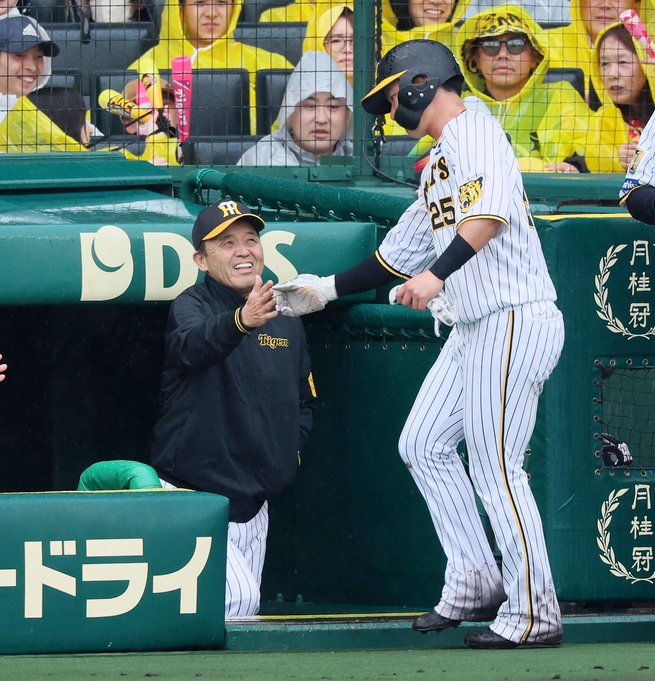 阪神対ヤクルト　2回裏阪神無死二、三塁、梅野の右犠飛で生還した三塁走者渡辺（右）を笑顔で出迎える岡田監督（撮影・加藤哉）