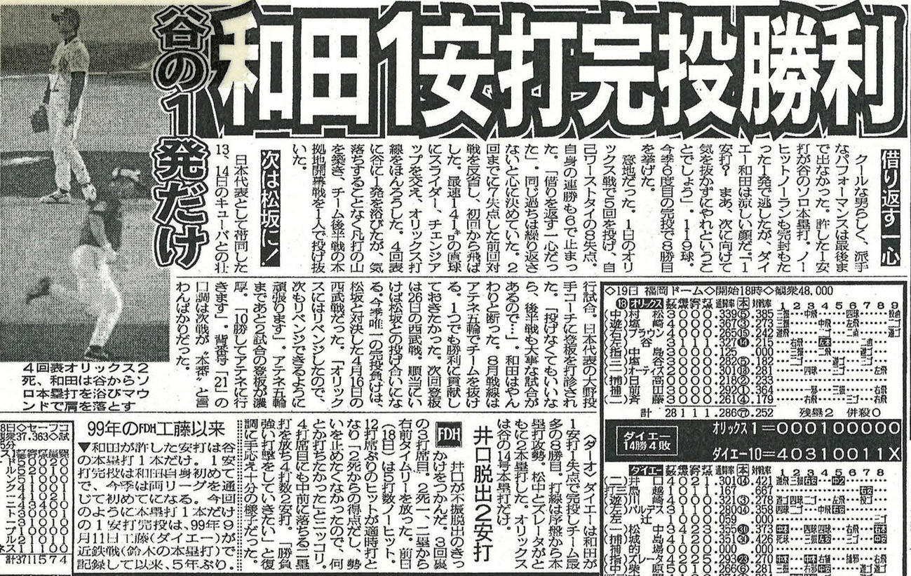04年7月20日付け西部版紙面、ソフトバンク和田毅1安打完投勝利
