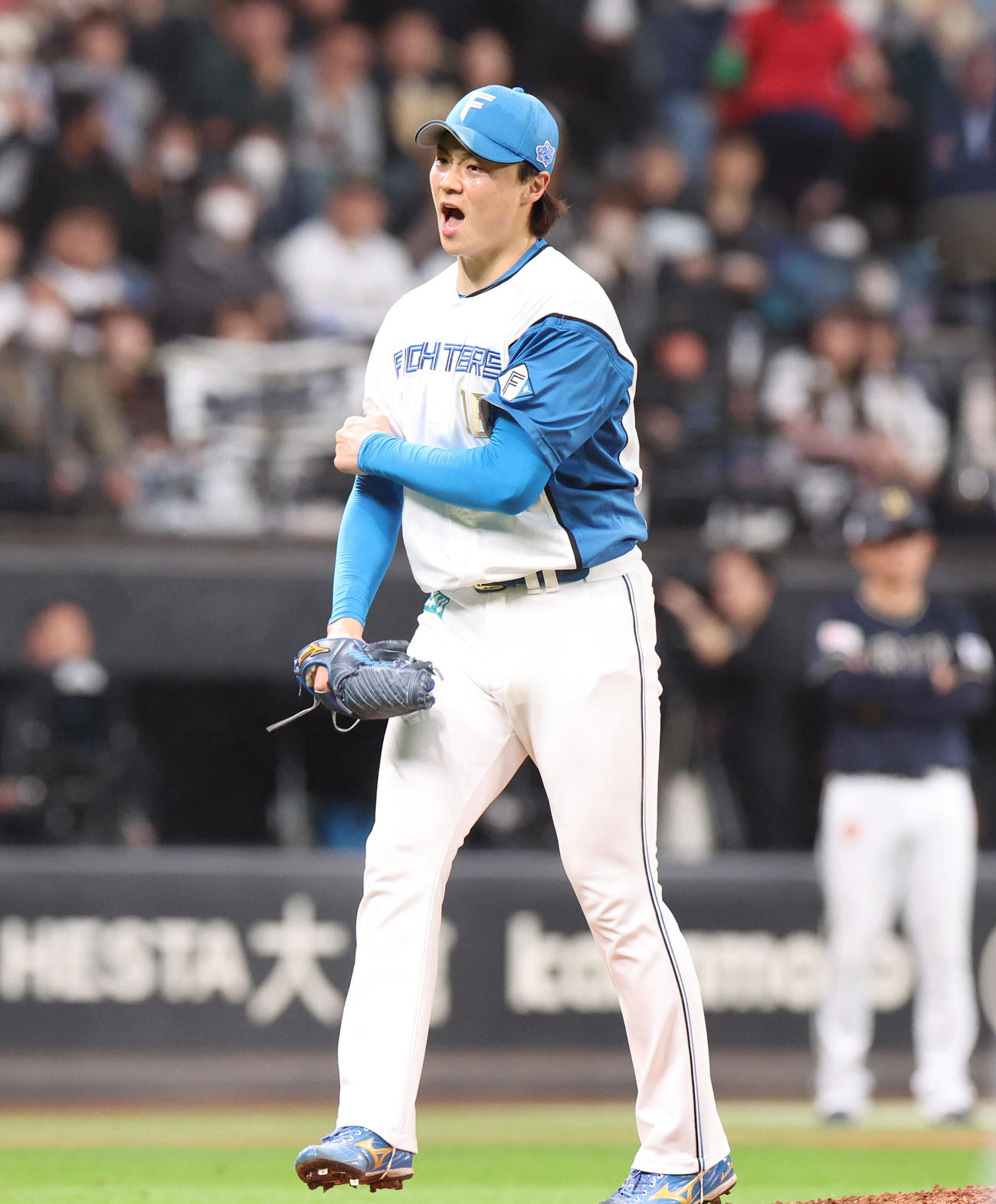 日本ハム対オリックス　5回表を無失点に抑えグラブをたたく山崎（撮影・佐藤翔太）