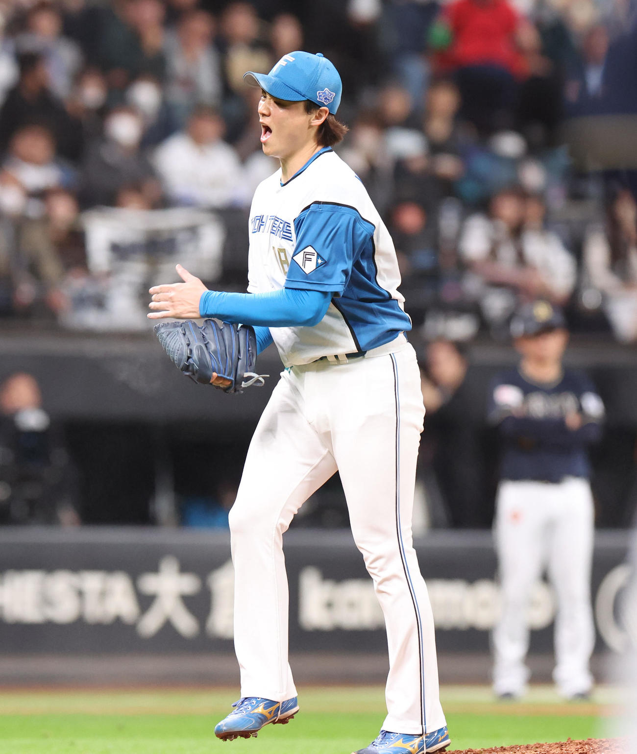 日本ハム対オリックス　5回表を無失点に抑えグラブをたたく山崎（撮影・佐藤翔太）