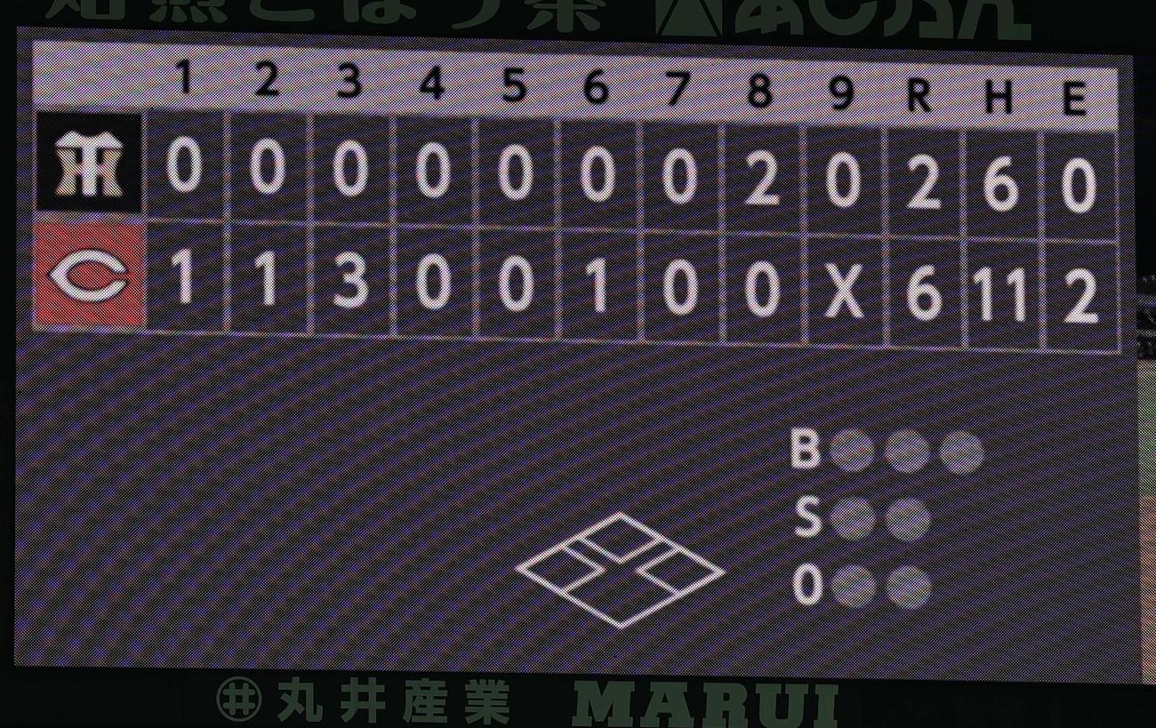 広島対阪神　広島対阪神スコアボード（撮影・上田博志）