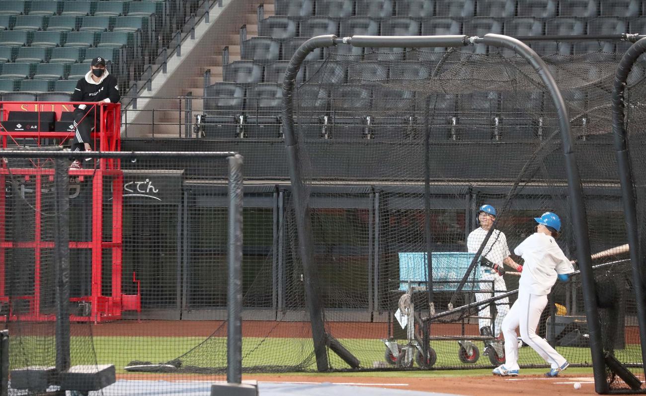 日本ハム対オリックス　山崎（右端）伊藤のフリー打撃を見つめる新庄監督（左端）（撮影・黒川智章）