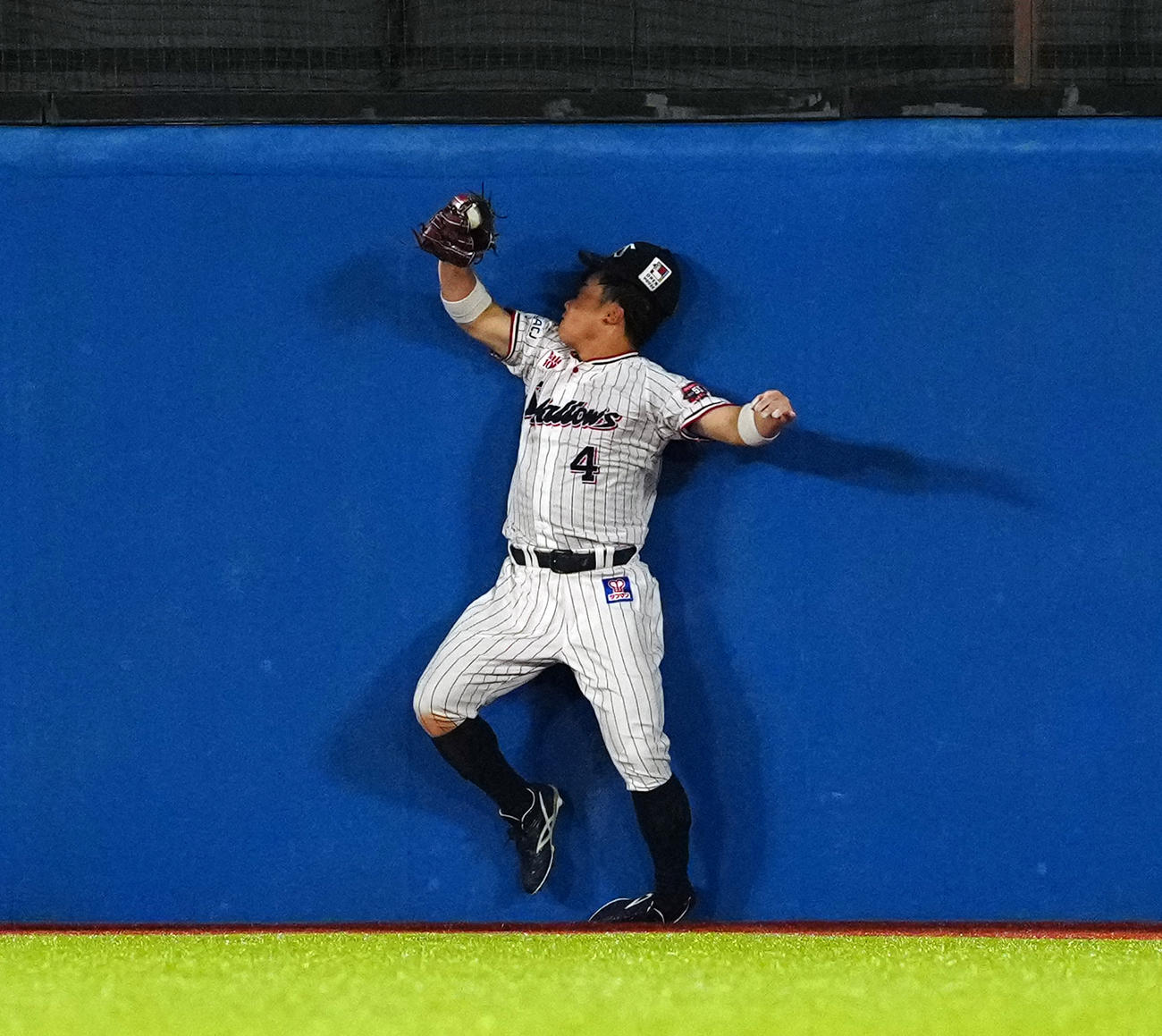 ヤクルト対DeNA 6回表DeNA2死一、二塁、宮崎敏郎の飛球をフェンスに激突をしながら捕球した中堅手丸山（撮影・たえ見朱実）