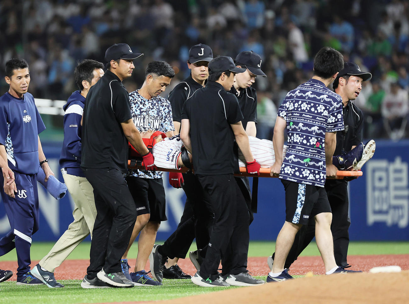 ヤクルト対DeNA 6回表ヤクルト2死一、二塁、宮崎の中飛をした丸山和。フェンスに激突し担架で運ばれる（撮影・足立雅史）