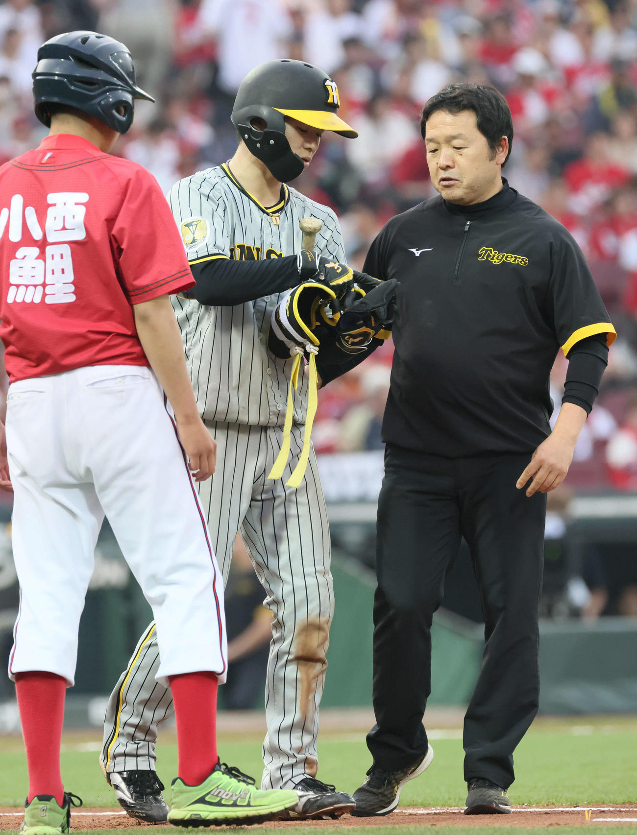 広島対阪神　3回表阪神無死二塁、中野は死球（撮影・加藤孝規）