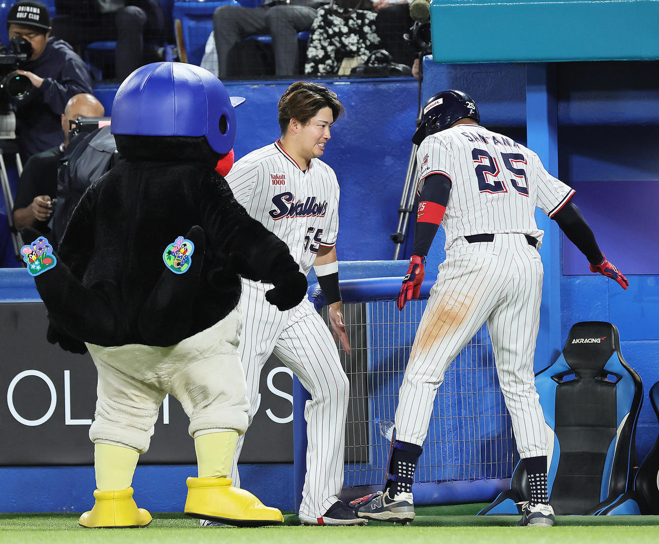 ヤクルト対DeNA 7回裏ヤクルト無死、サンタナ（右）は2者連続となる本塁打を放ち村上とロータッチを交わす（撮影・足立雅史）