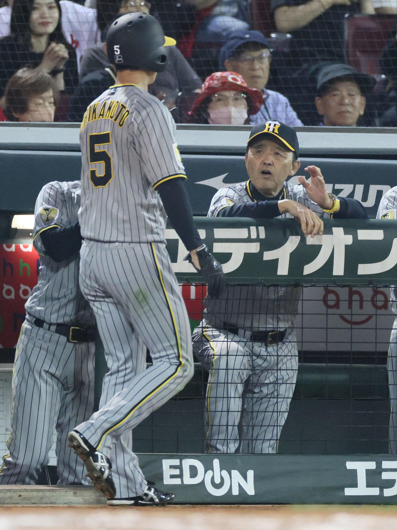 広島対阪神　7回表阪神1死一、三塁、森下の中犠飛で生還した近本を迎える岡田監督（撮影・加藤孝規）