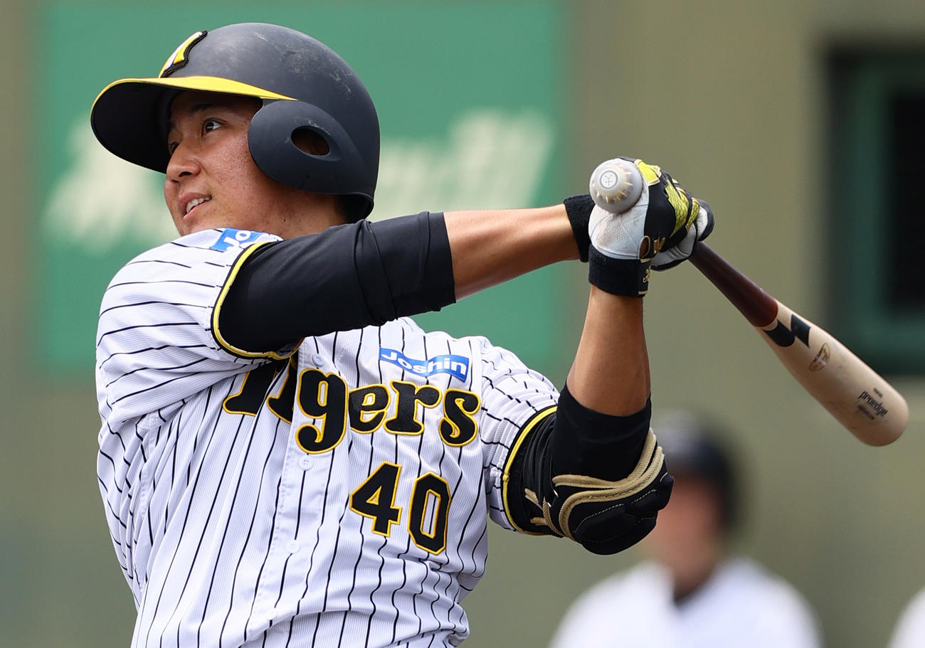 ウエスタン・リーグ　阪神対オリックス　2回裏阪神2死一塁、井坪は左越え2点本塁打を放つ（撮影・上山淳一）