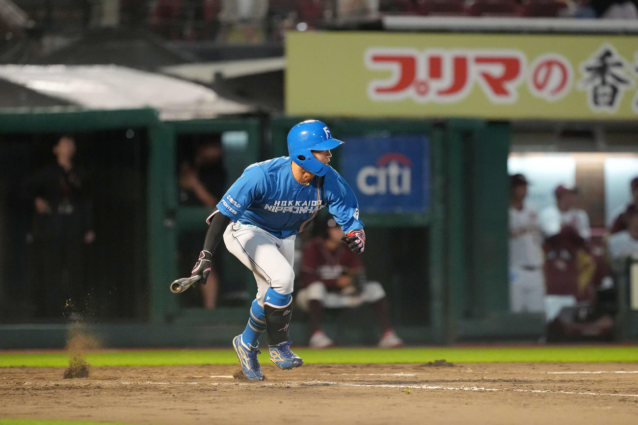 楽天対日本ハム　9回表日本ハム2死満塁、2点適時打を放つ細川（撮影・井上学）