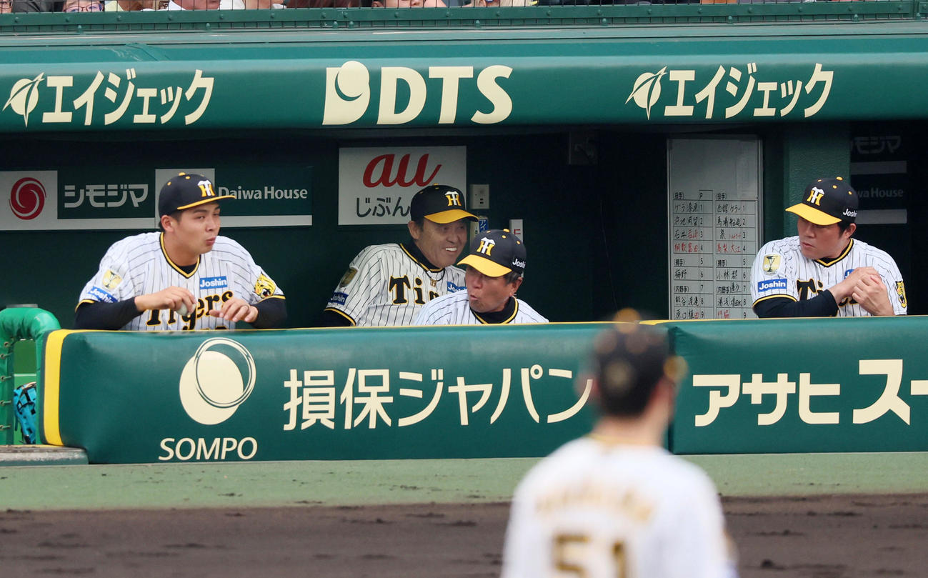 阪神対巨人　2回表巨人無死一塁、長野久義のファウルボールがベンチの中へ飛び込み白い歯を見せて避けた岡田監督だが、一番危なかったのは平田ヘッドコーチのようで…。左端は井上、右端は安藤コーチ（撮影・加藤哉）