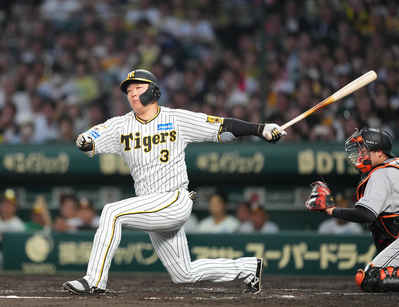 阪神対巨人　4回裏阪神2死、空振りの三振に倒れる大山（撮影・菅敏）