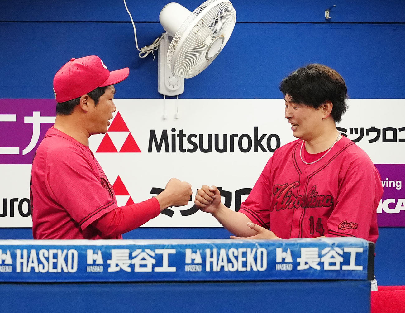 DeNA対広島　8回裏途中で降板し広島新井監督（左）とタッチを交わす大瀬良（撮影・江口和貴）