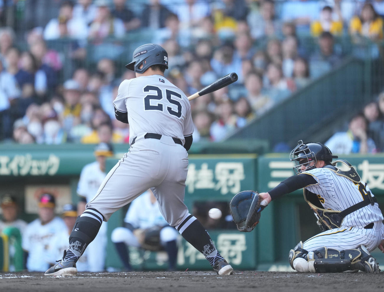 阪神対巨人　9回表巨人1死一塁、見逃しの三振に倒れる岡本和（撮影・菅敏）