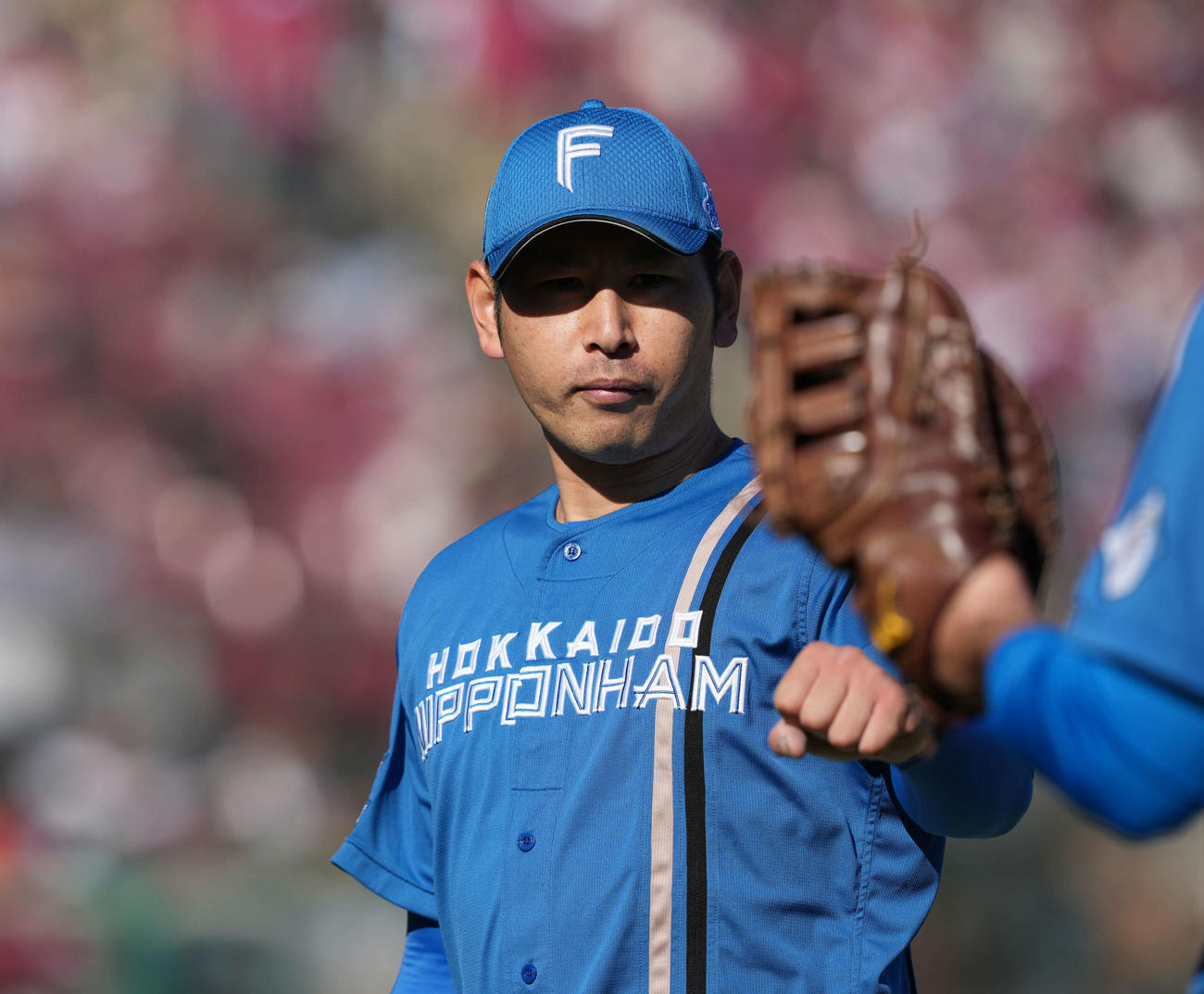 楽天対日本ハム　7回を終えナインとタッチする日本ハム加藤貴（撮影・井上学）