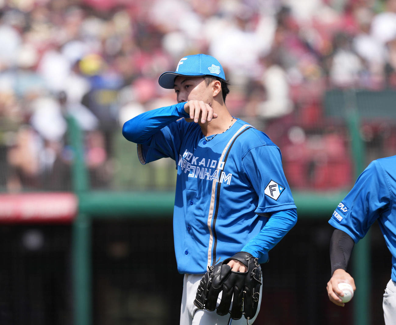 楽天対日本ハム　1回を終えベンチに引き揚げる日本ハム柳川（撮影・井上学）