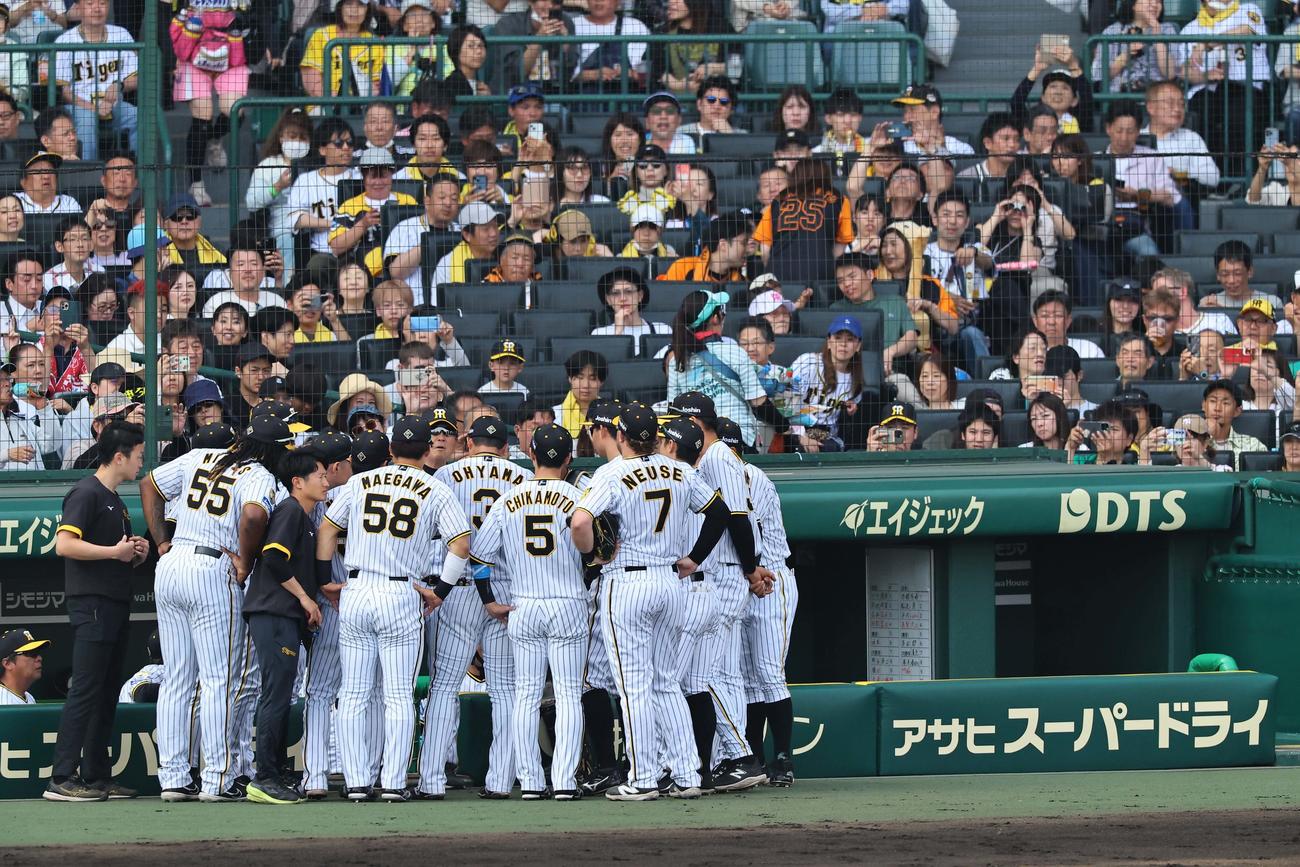阪神対巨人　6回、ベンチ前で円陣を組む阪神ナイン（撮影・上田博志）