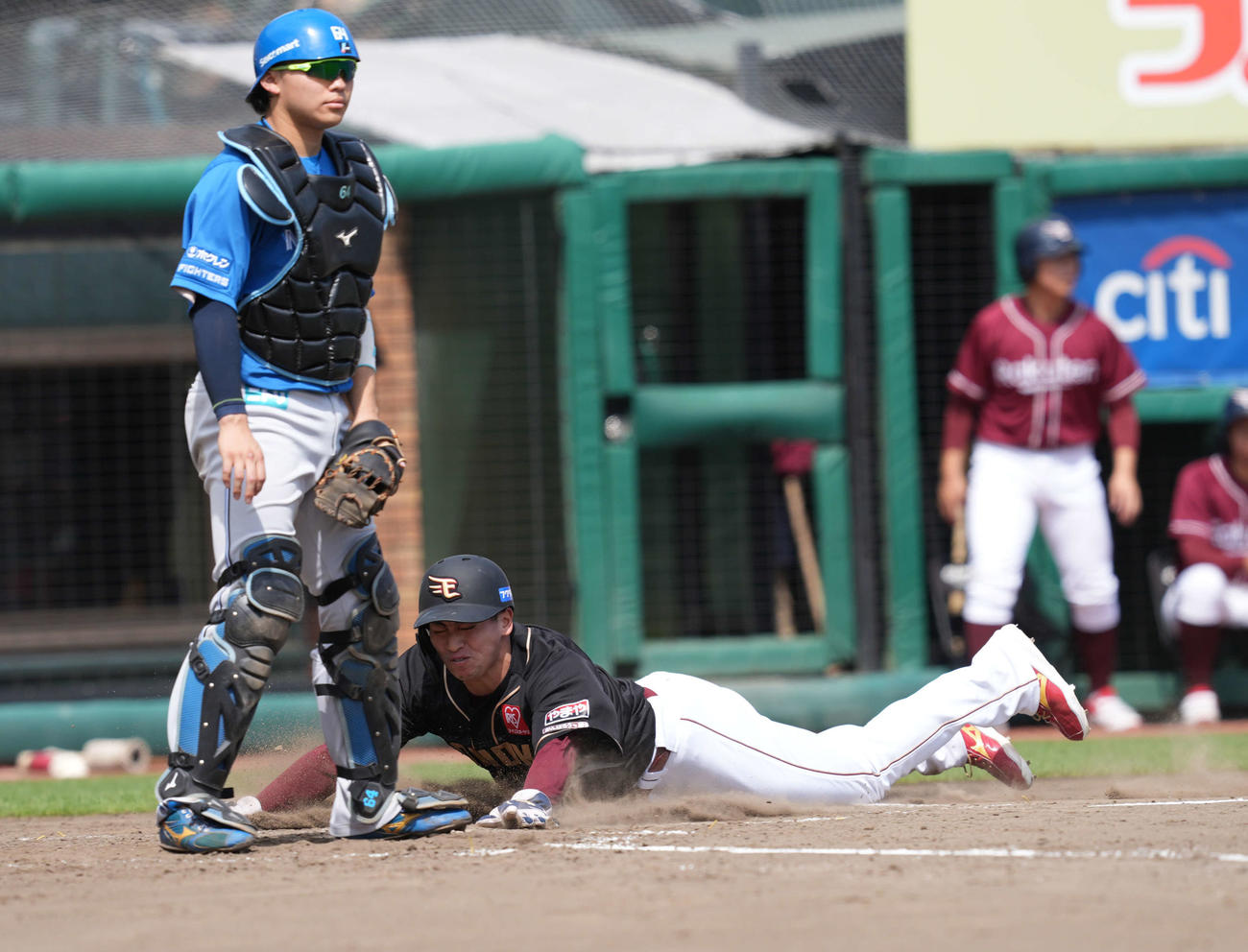 楽天対日本ハム　3回裏楽天無死一塁、小深田の適時三塁で一塁走者小郷が生還（撮影・井上学）