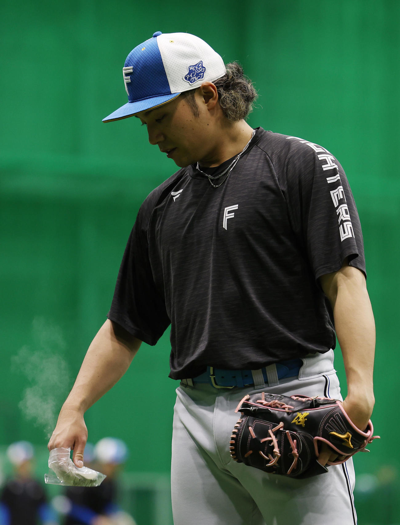 阪神対日本ハム　キャッチボールの合間にロジンをつける日本ハム伊藤（撮影・前田充）