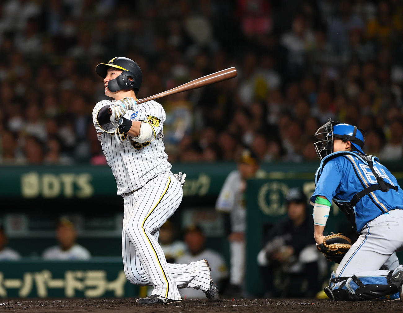 阪神対日本ハム　5回裏阪神無死満塁、渡辺は中飛を放ち犠飛とする（撮影・上山淳一）