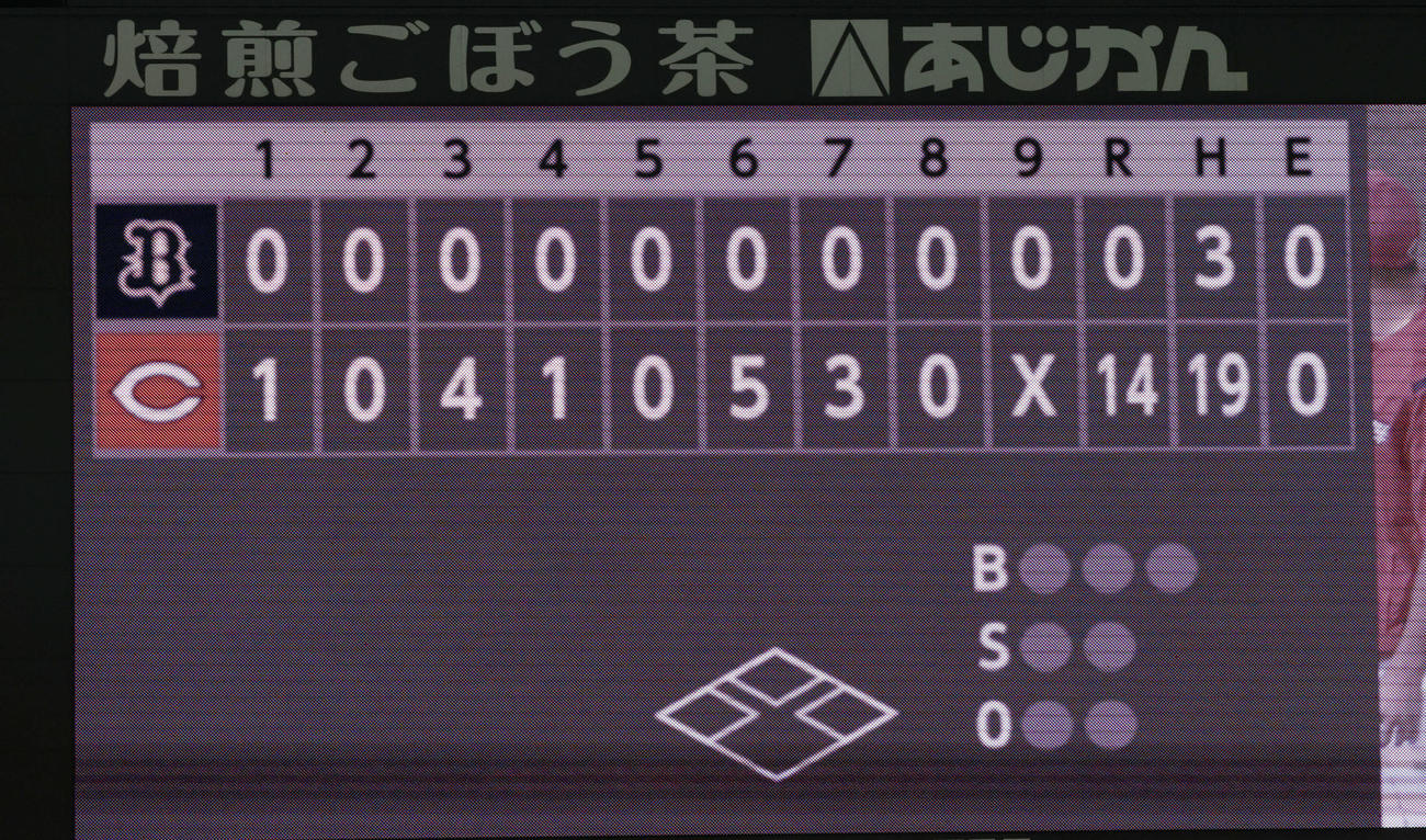 広島対オリックス　14対0のスコアボード（撮影・加藤孝規）