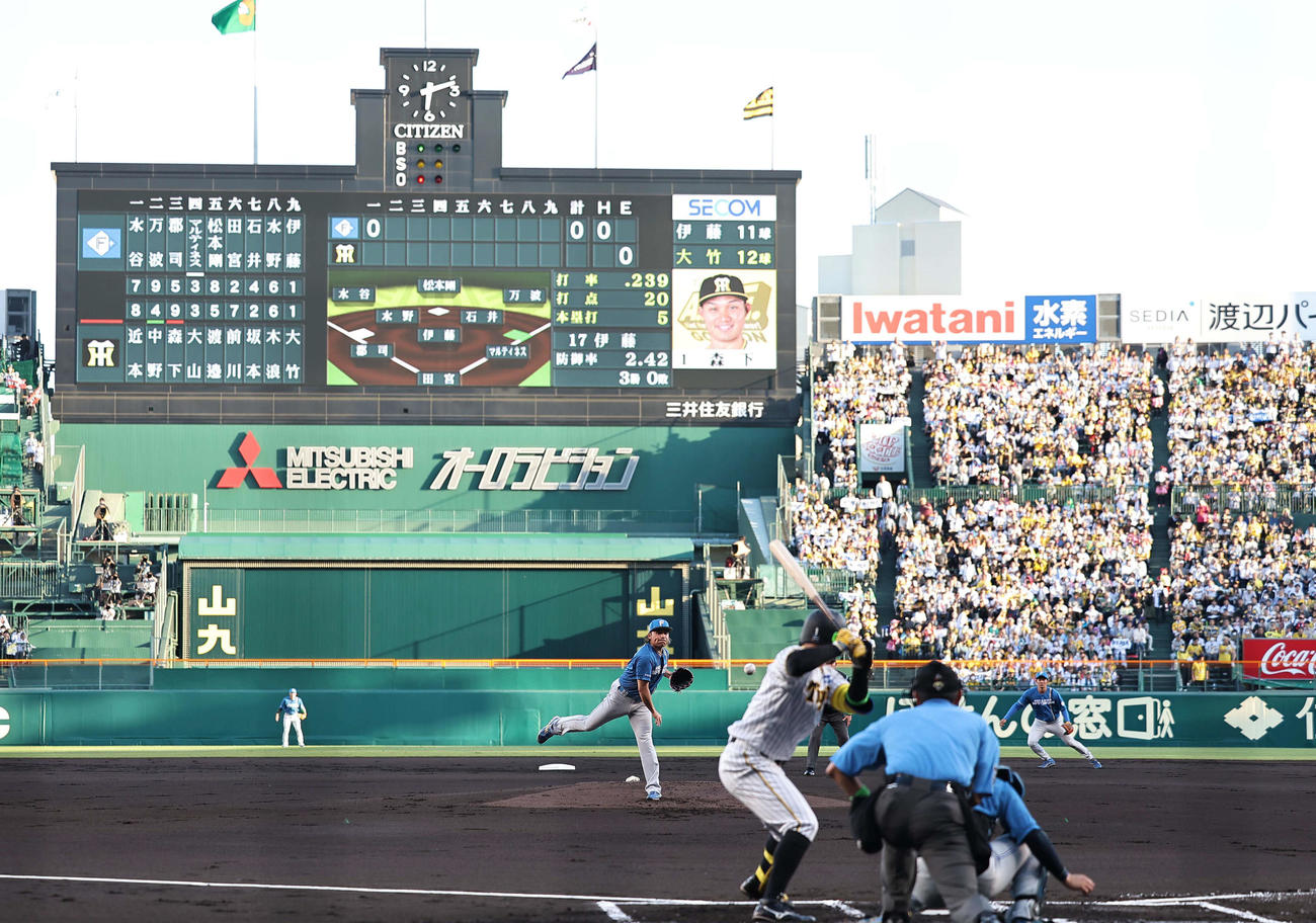 阪神対日本ハム　甲子園球場で投球する伊藤。打者は森下（撮影・上田博志）