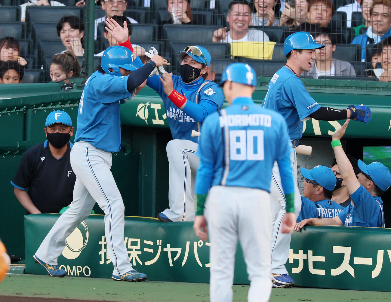 阪神対日本ハム　2回表日本ハム1死二、三塁、石井の打球で三塁走者松本剛（右）と田宮（左）が生還しベンチで喜ぶ新庄監督（撮影・加藤哉）