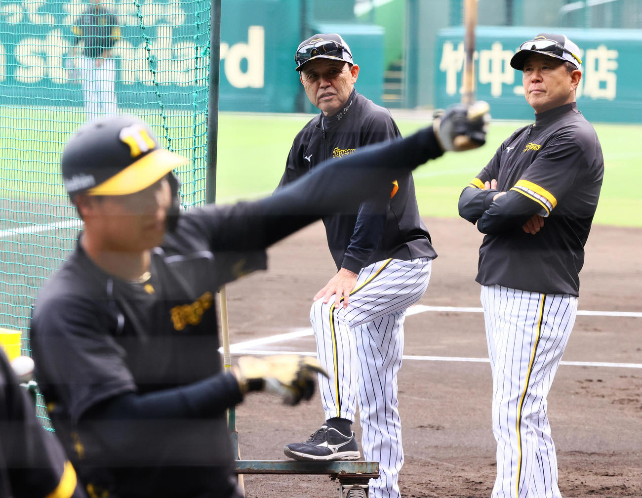 阪神対日本ハム　試合前の練習で阪神大山（手前）の打撃を見る岡田監督（中央）と平田ヘッドコーチ（撮影・上山淳一）